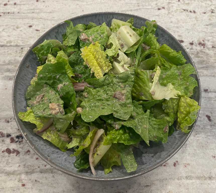 A salad made from romain lettuce and sardines