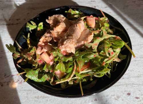 Arugula salad with citrus clove tuna dressed with blackberry vinaigrette